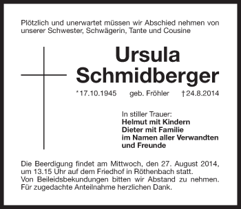 Traueranzeige von Ursula Schmidberger von Pegnitz-Zeitung
